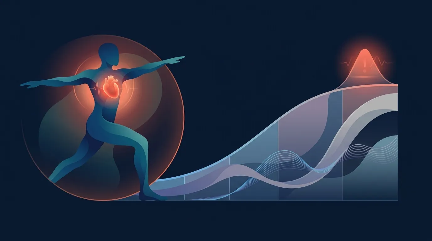 Conceptual illustration of a heart rate zone chart with a healthy exercising heart on one side and the cumulative-dose curve of intensive endurance training on the other