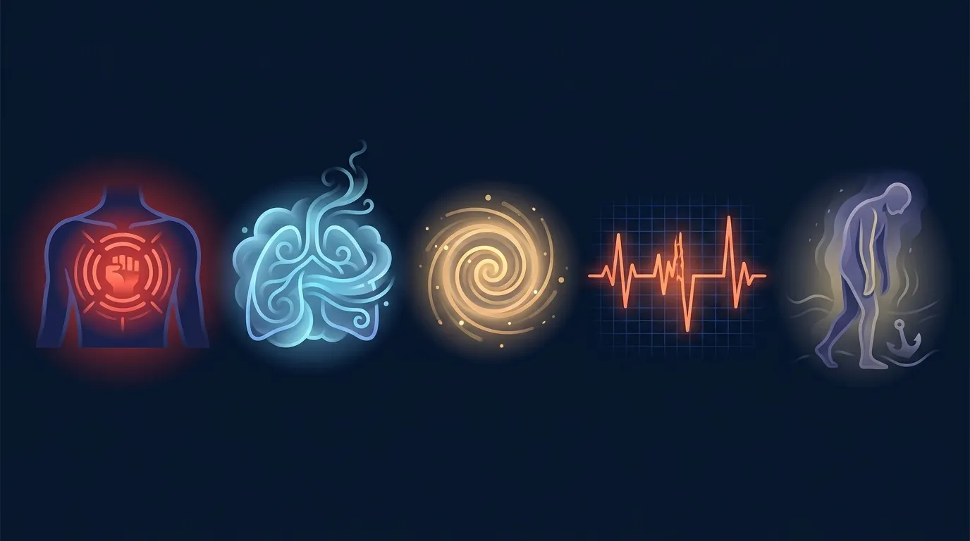 Conceptual illustration of the key exercise warning signs including chest pressure, unusual breathlessness, lightheadedness, and persistent fatigue that warrant a cardiology conversation