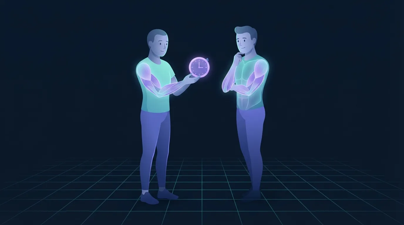 Two figures with a glowing clock representing time and reflection on habit change
