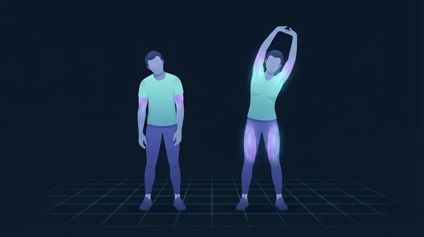 Stylized illustration of two figures side by side showing an old passive posture and a new active stretch