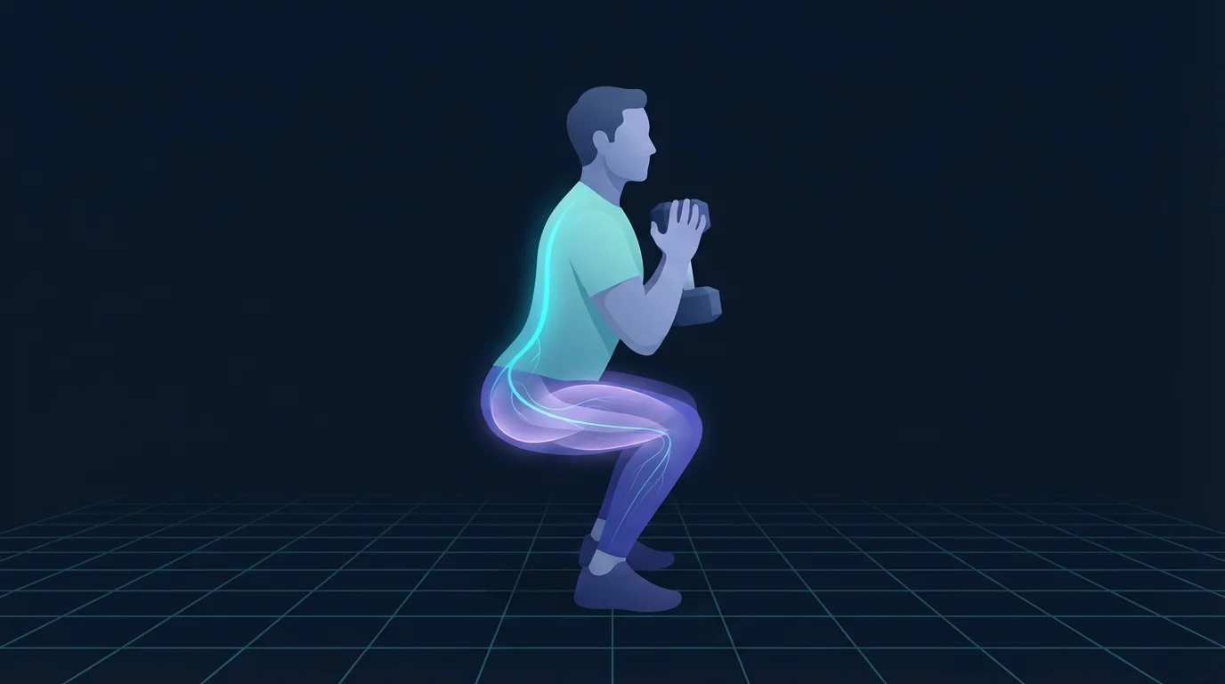 An adult at the bottom of a goblet squat with a glowing line running down the spine and branching into the lit-up quadriceps and glutes, showing neural adaptation driving early strength gains
