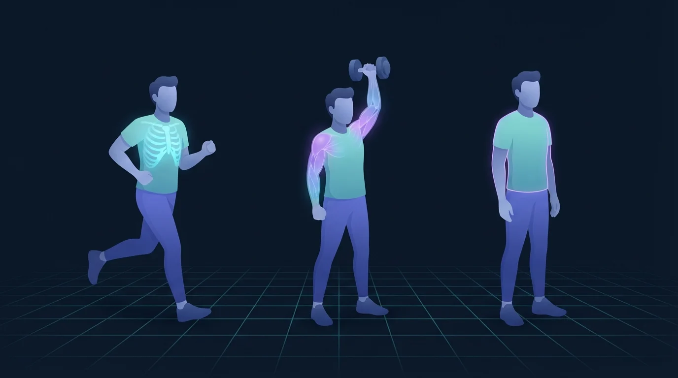 Three adults side by side, one running with the chest lit up, one pressing a dumbbell overhead with the shoulders lit up, and one standing with a soft outline, showing three different definitions of being in shape
