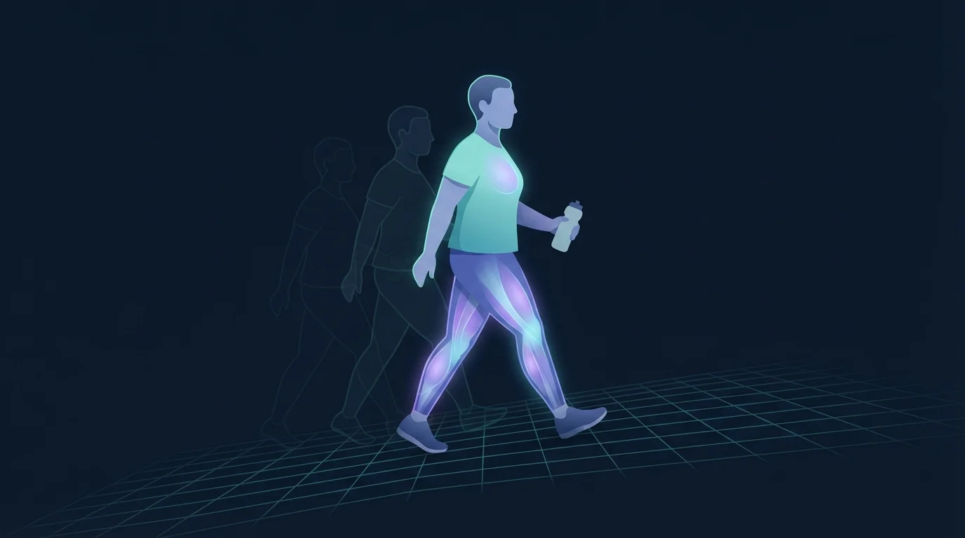 An adult walking briskly uphill with faint outlines of the same person trailing behind, showing weeks of repeated sessions stacking into fitness