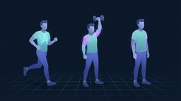 Three adults side by side, one running with the chest lit up, one pressing a dumbbell overhead with the shoulders lit up, and one standing with a soft outline, showing three different definitions of being in shape