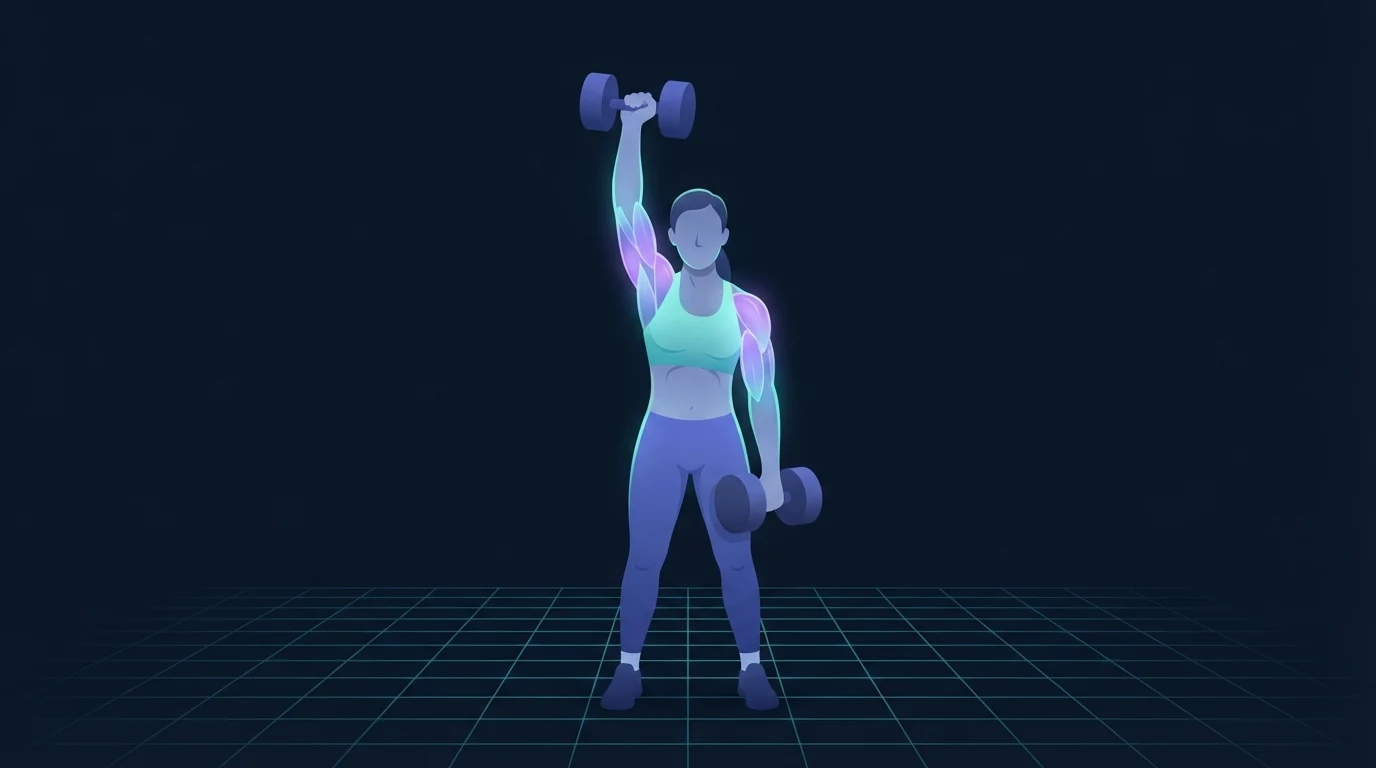 A figure pressing one dumbbell overhead with the second dumbbell held at the side, the shoulder, arm and upper back glowing during a short maintenance session