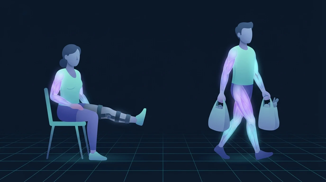 Two figures side by side, the left one seated with a rigid knee brace on a straight leg that sits matte and dim, the right one walking while carrying two grocery bags with the arms and legs still glowing