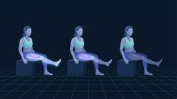 Three seated figures in a row on a teal grid, the thigh of the forward leg glowing brightly on the left and fading to almost matte on the right, showing muscle volume declining across a week of disuse