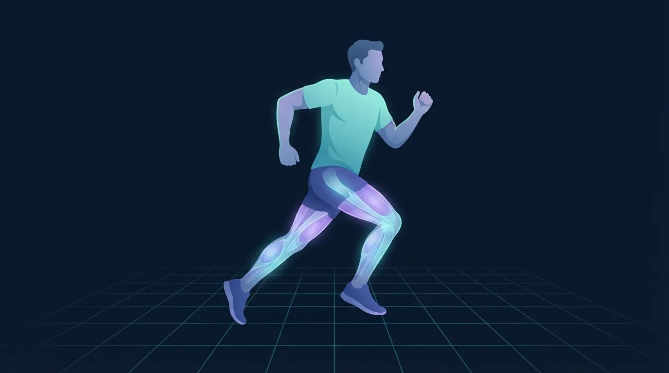 A single runner mid-stride on a lit path with the quadriceps, calves and glutes glowing softly