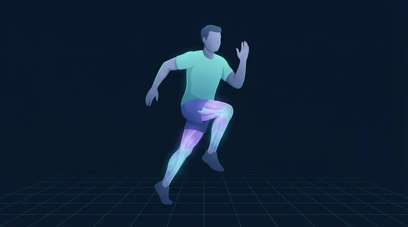 A runner mid-interval on a lit track with the calves and quadriceps glowing softly under a light teal grid