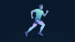A single runner mid-stride on a lit path with the quadriceps, calves and glutes glowing softly