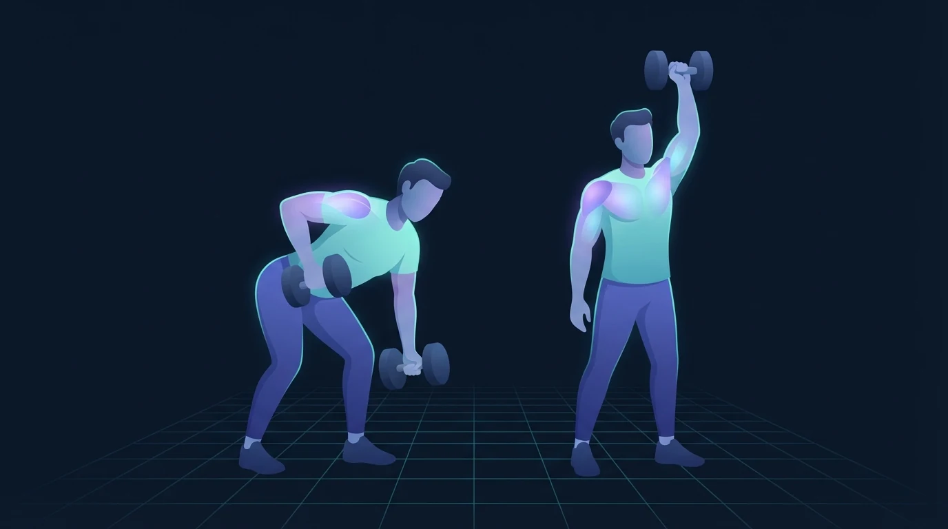 Illustration of two athletes training side by side, one rowing a dumbbell with the back glowing and one pressing overhead with the chest and shoulders glowing, showing paired exercises that do not compete