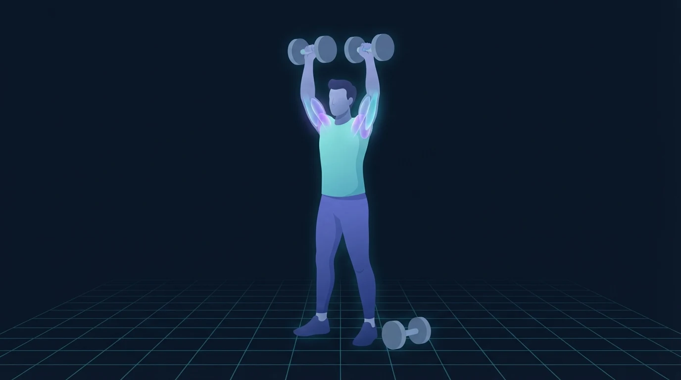 Illustration of a lifter pressing dumbbells overhead with the shoulders and triceps glowing, a second dumbbell waiting on the floor beside them