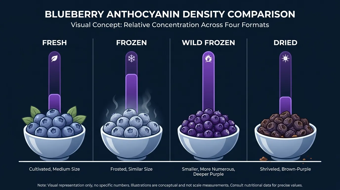 Editorial illustration comparing fresh, frozen, wild frozen, and dried blueberries with relative anthocyanin density highlighted in purple