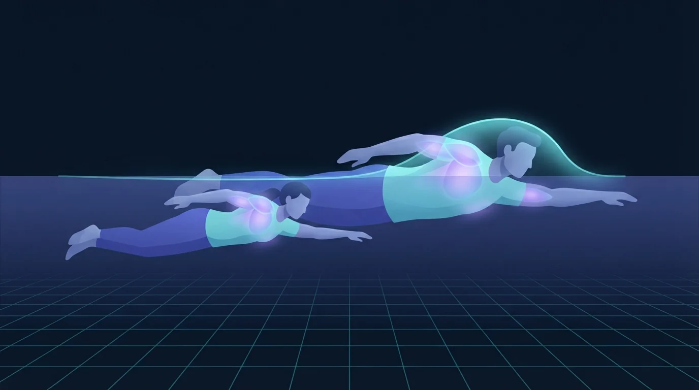 Two swimmers of different body size gliding side by side in identical streamlined front crawl positions, the larger one pushing a visibly bigger glowing bow wave of displaced water