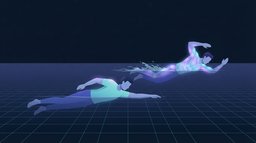 Two swimmers in adjacent lanes doing front crawl, the near one cruising with a long relaxed stroke and little glow, the far one sprinting with a churning wake and the back, chest, shoulders and core glowing brightly