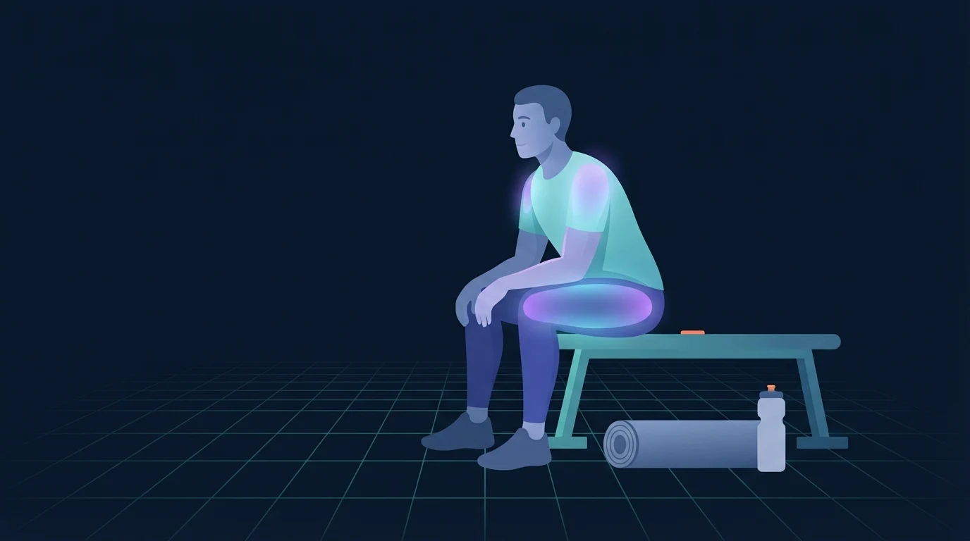 Illustration of a person sitting on a bench after a workout with the shoulders and thighs glowing faintly, a rolled mat and a water bottle on the floor, representing a scheduled rest day between training days