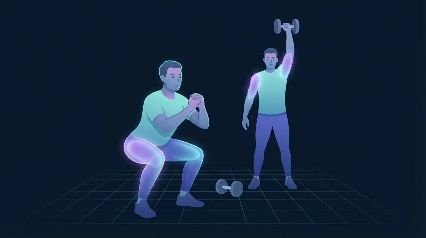 Illustration of two people training side by side, one performing a bodyweight squat with the quadriceps and glutes glowing and one pressing a dumbbell overhead with the shoulders and triceps glowing, representing a weekly workout schedule that rotates muscle groups