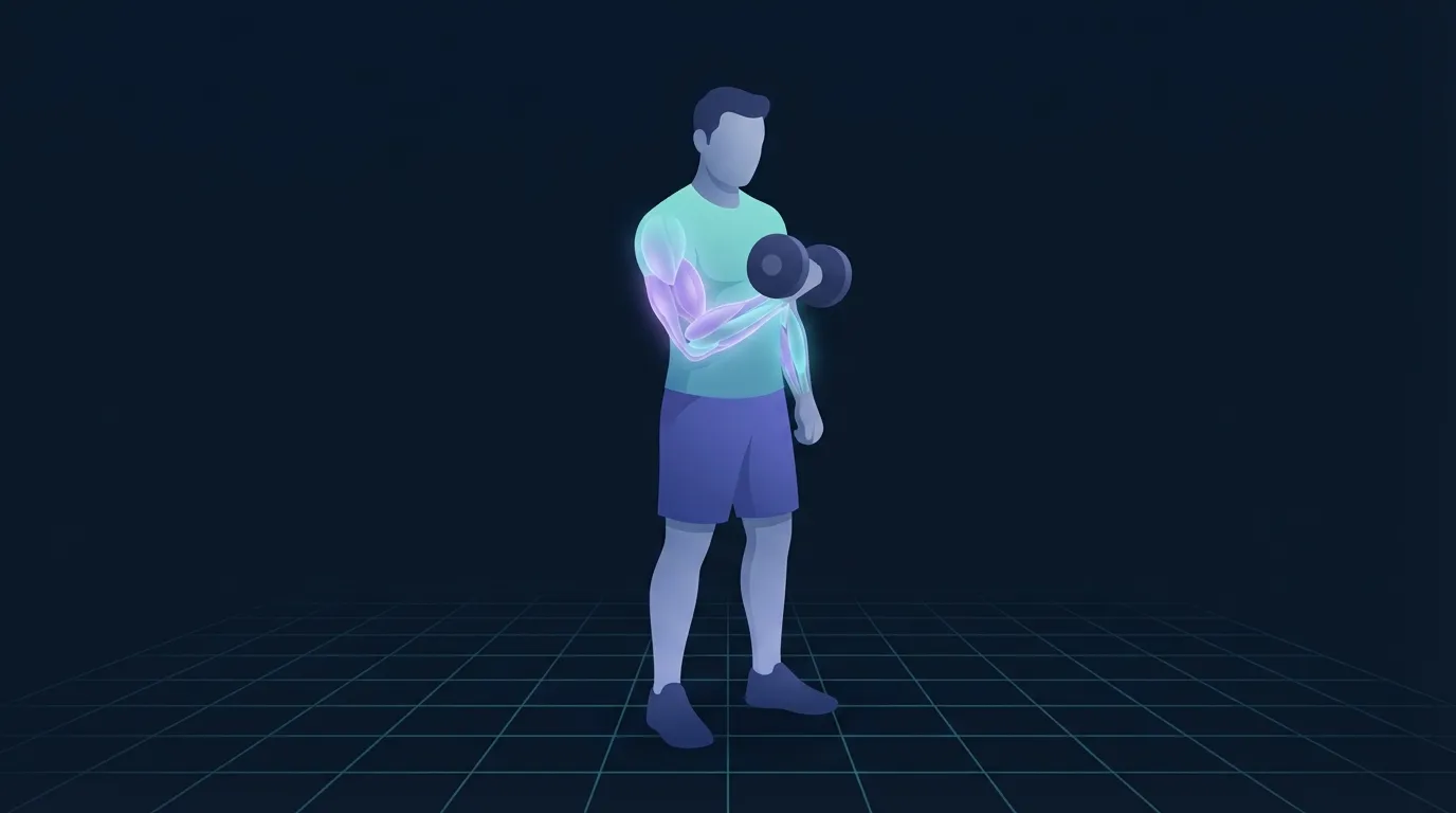 A person mid-set with a dumbbell curl, the biceps and forearm glowing softly, illustrating a working set taken close to failure