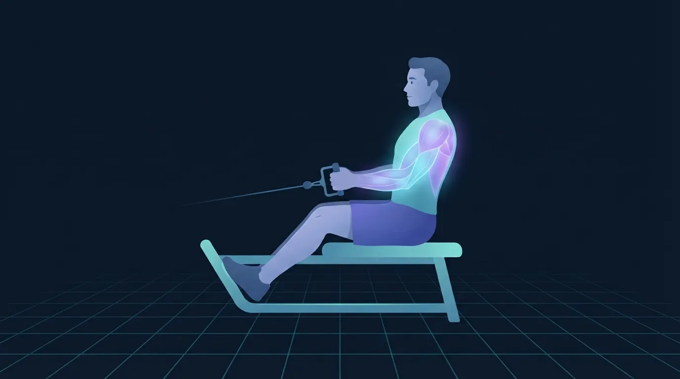 A person seated at a cable row machine mid-pull with the upper back glowing, illustrating higher-rep accessory work on a machine