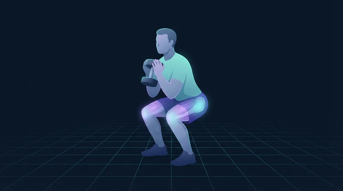 A person mid-squat with a dumbbell held at the chest, the quadriceps and glutes glowing, illustrating a heavy low-rep compound lift