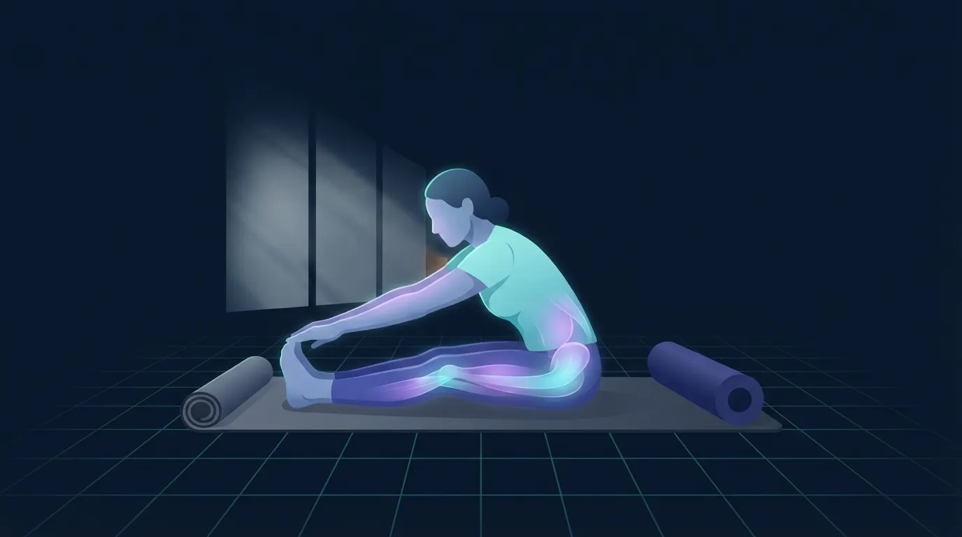 Illustration of an adult stretching on a yoga mat by a window, calm morning light, showing active recovery on a rest day