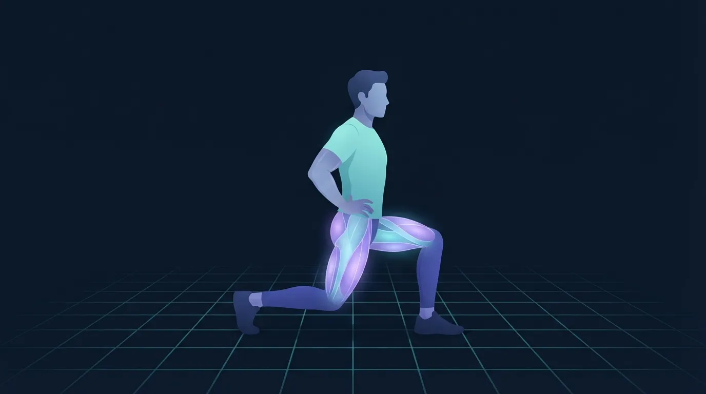 Illustration of an adult performing a lunge with the working quadriceps and glutes glowing while the upper body sits in a cool matte tone, showing per-muscle recovery
