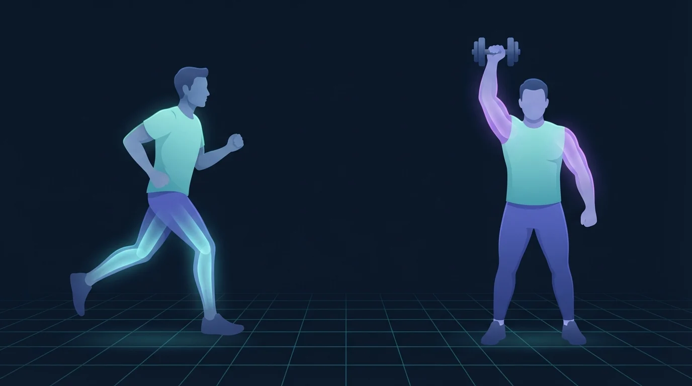 Illustration contrasting a runner with glowing legs beside a lifter pressing a dumbbell overhead with glowing shoulders and back, representing concurrent training