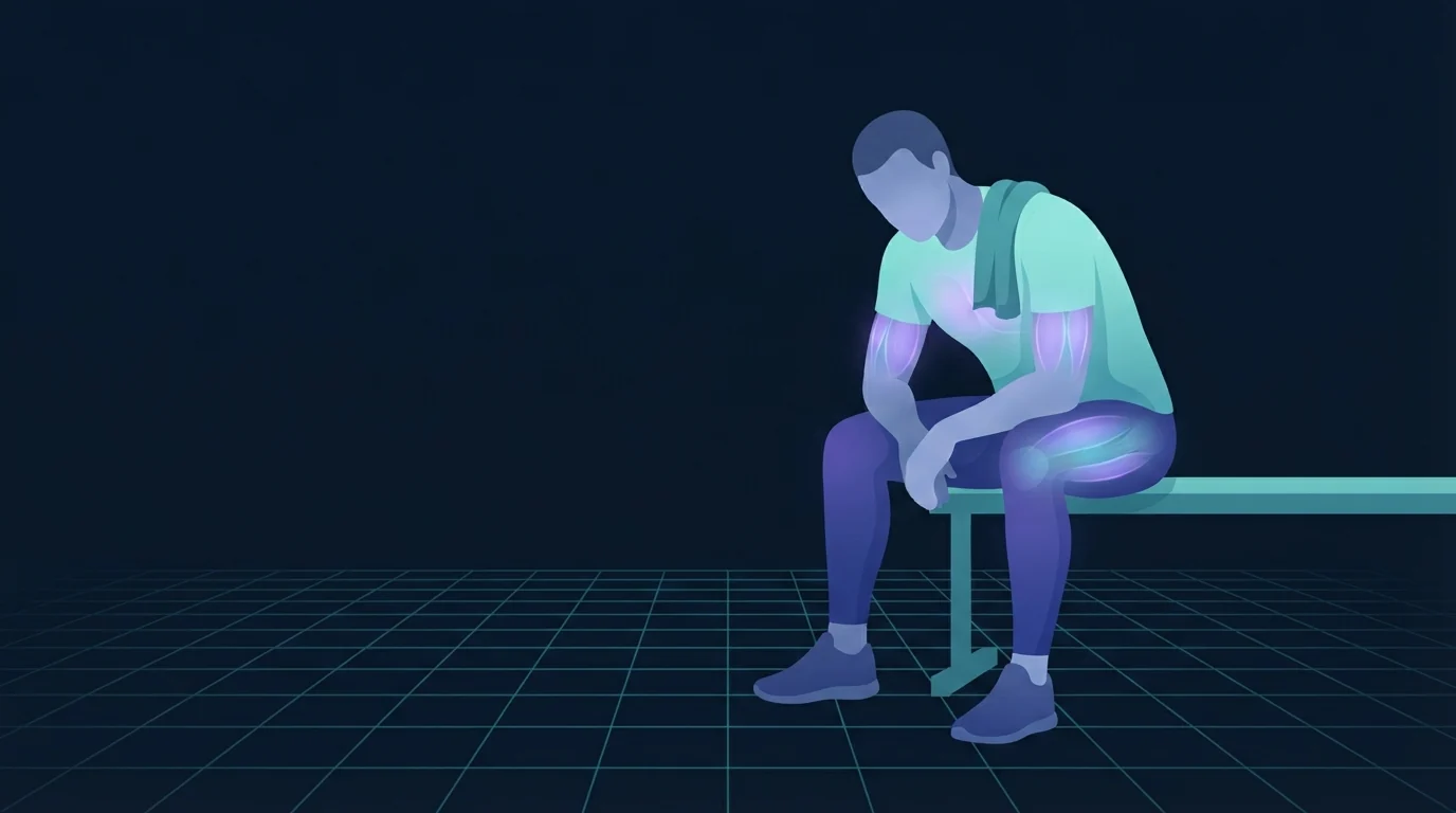 Illustration of an exhausted athlete sitting on a bench with a towel, muscles glowing only faintly, showing the depleted state of non-functional overreaching