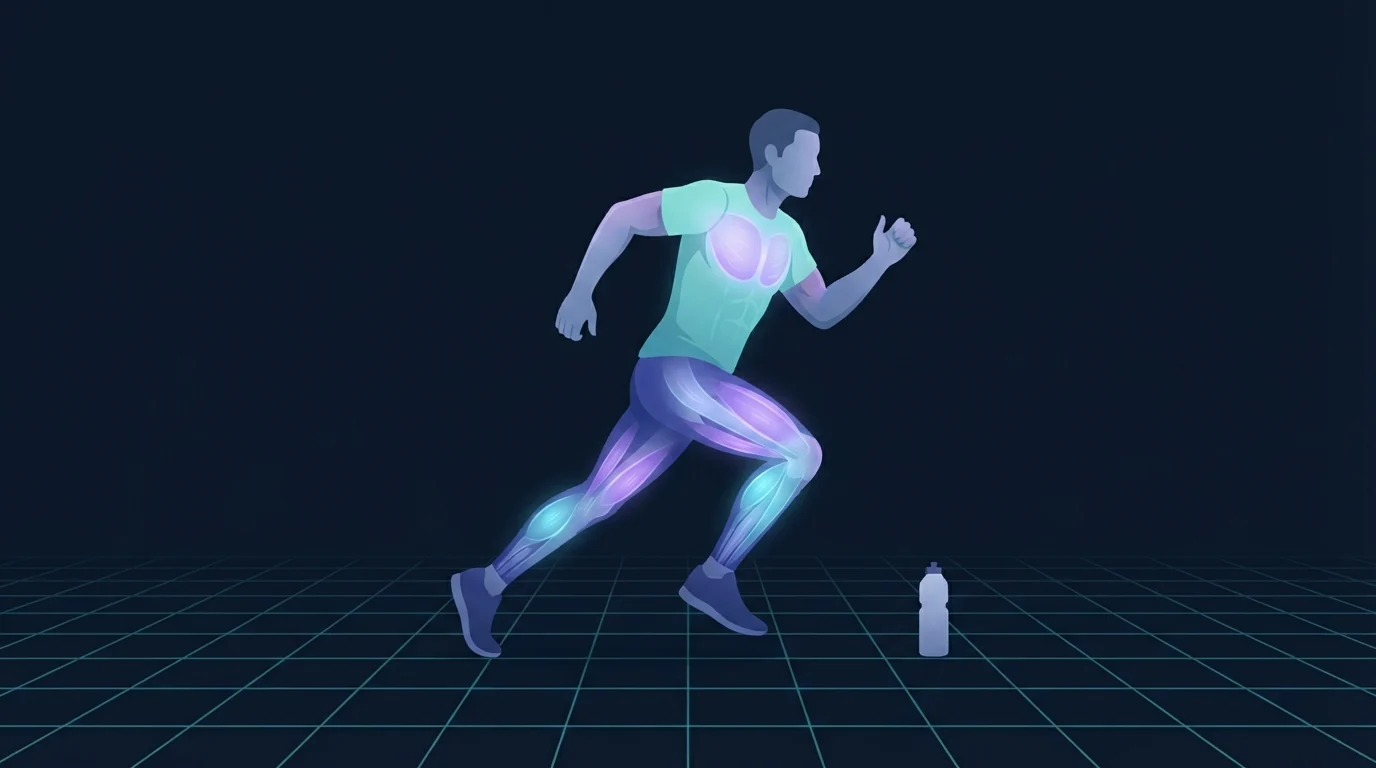 Illustration of a runner mid-stride with the chest, quadriceps and calves glowing, representing the weekly dose of aerobic training