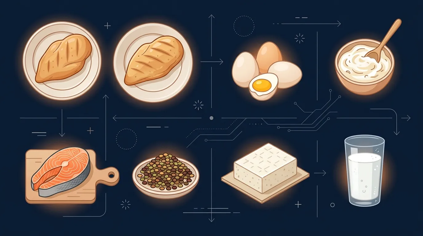 Editorial illustration comparing protein content of common high-protein foods including chicken breast, eggs, Greek yogurt, fish, lentils and tofu