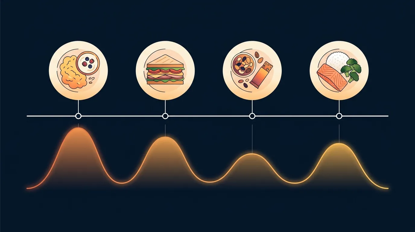 Editorial illustration showing protein distributed across four meals through a single day for optimal muscle protein synthesis