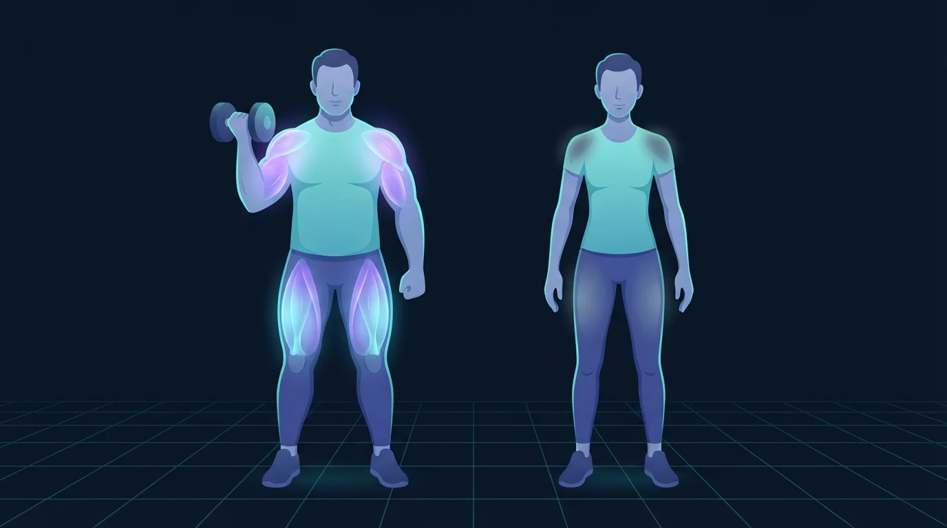 Two adults who have lost the same amount of weight, one still carrying lit-up shoulders and thighs while the other has dimmed and narrowed, showing the lean-mass cost of fast loss