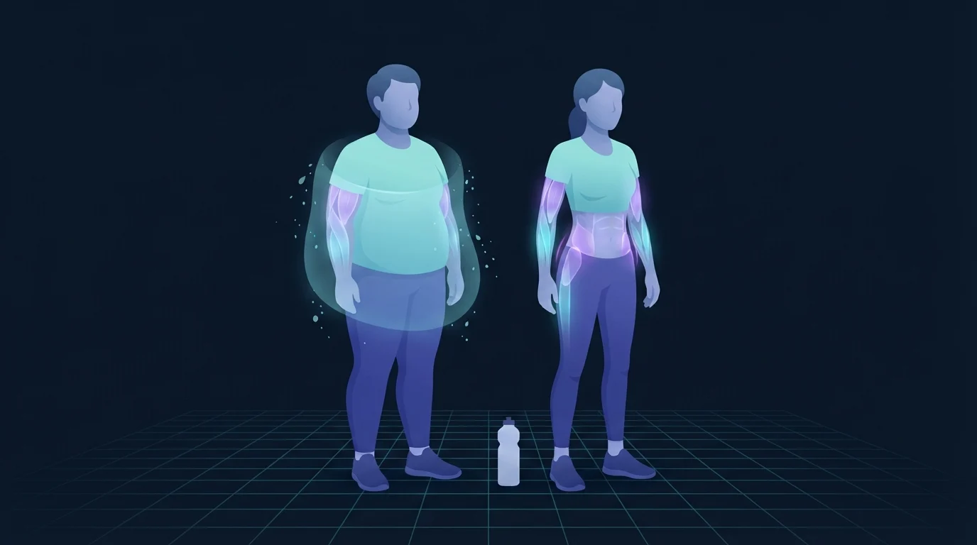 Two adults side by side, one releasing a cloud of water droplets and the other visibly leaner through the waist, separating first-week water loss from real fat loss