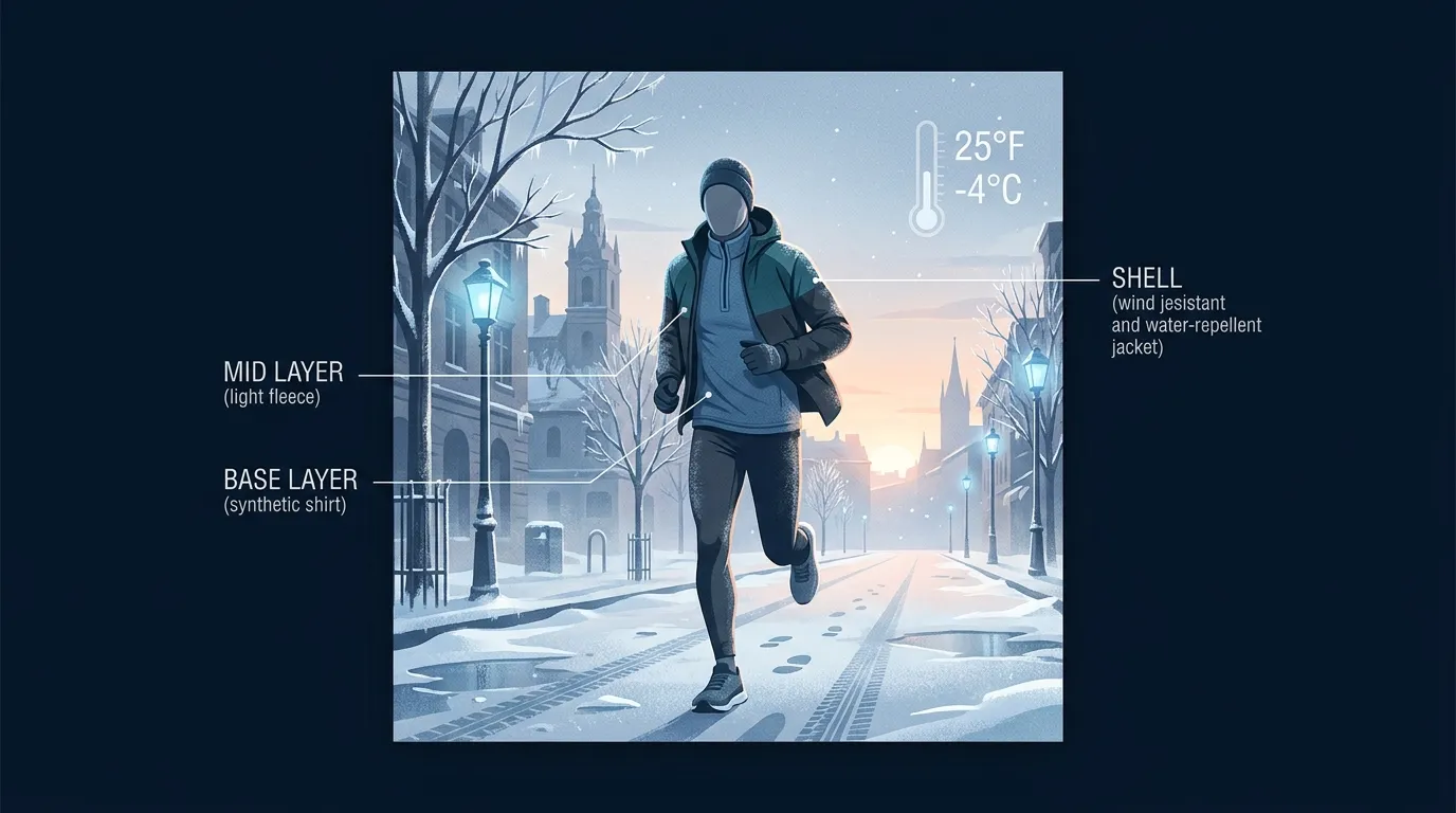 Editorial illustration of a runner in a three-layer cold-weather kit (base, mid, shell) on a frosty morning street with subtle thermal labels