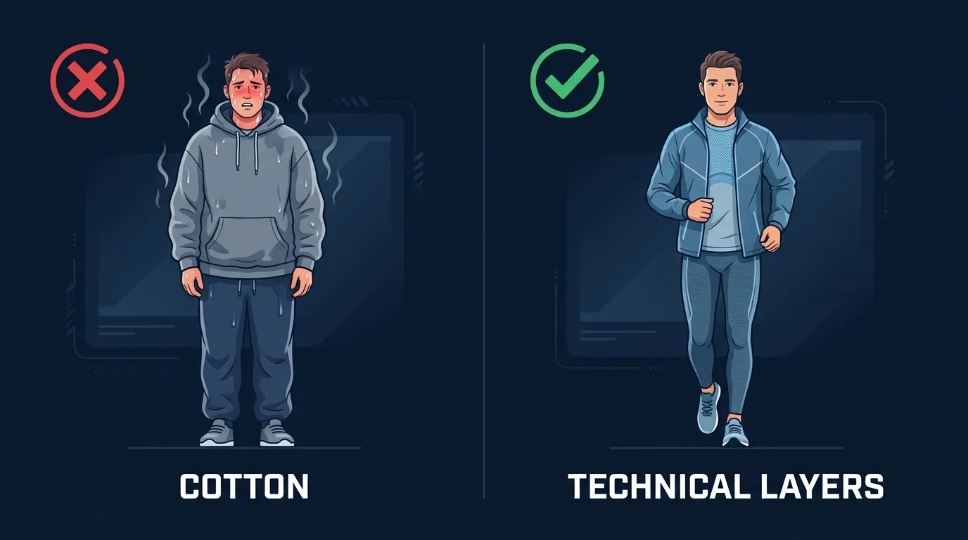 Editorial illustration contrasting a sweat-soaked overdressed runner in cotton with a properly layered runner in moisture-wicking gear