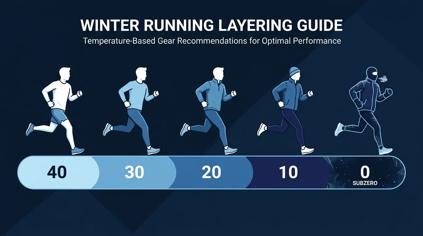 Editorial illustration of a temperature gradient from 40°F to subzero with progressive cold-weather running clothing icons for each band