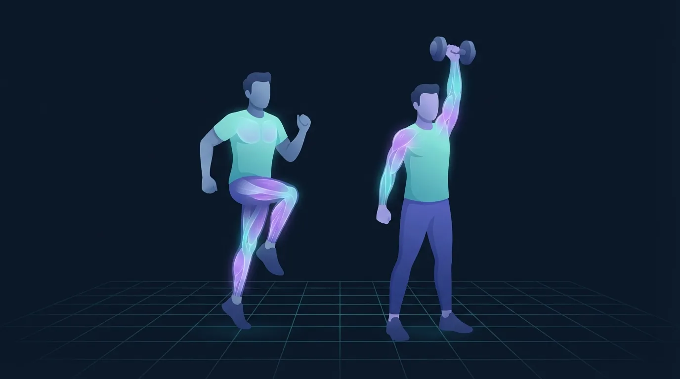 Illustration of two adults side by side, one running in place with the calves and hamstrings glowing and one pressing a dumbbell overhead with the shoulders and arms glowing, comparing cardio and weight training for fat loss