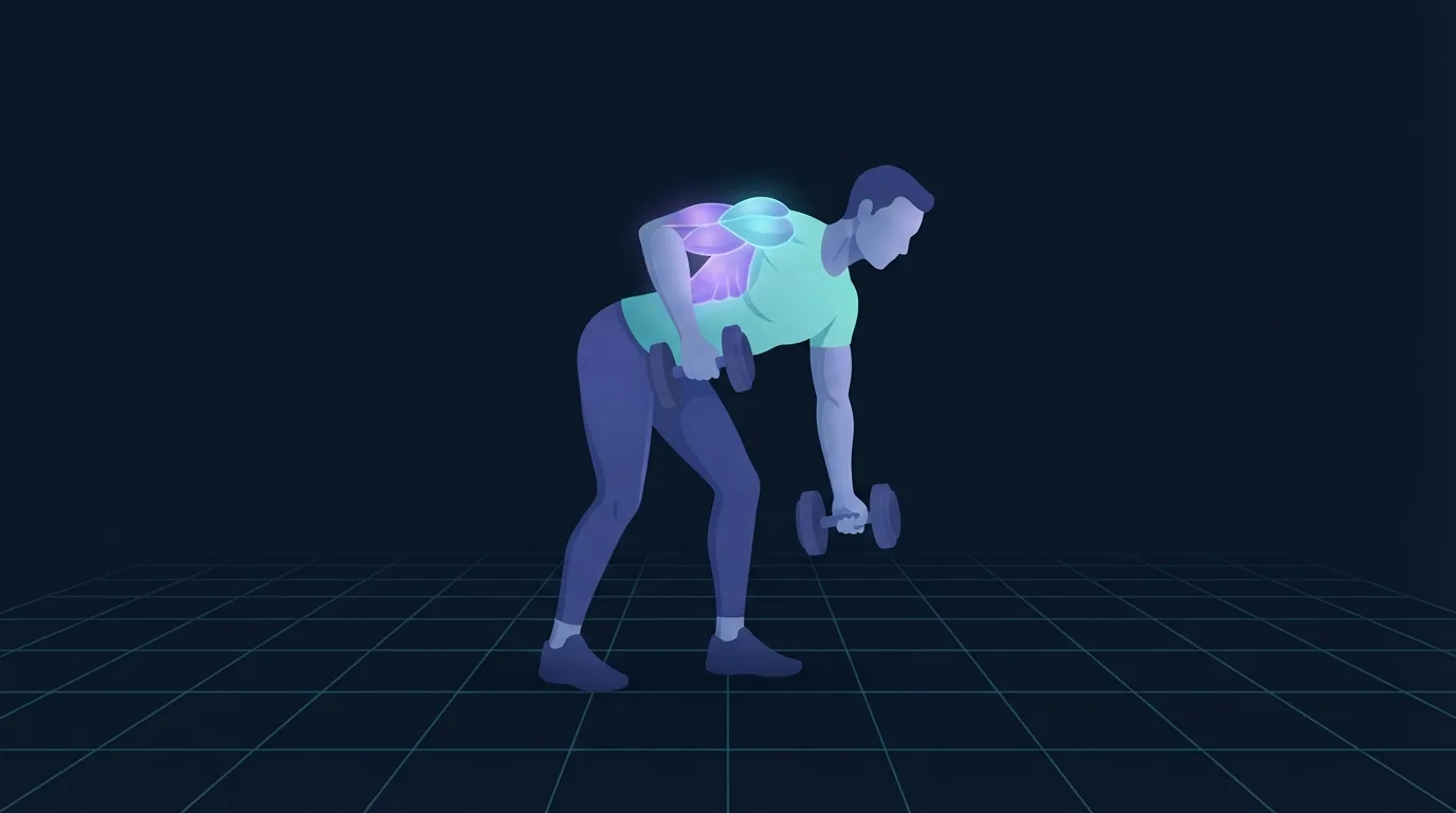 Illustration of a lean adult performing a bent-over dumbbell row with the upper back and rear shoulder glowing while the rest of the body stays in a cool matte tone, showing lean mass protected during a fat-loss phase