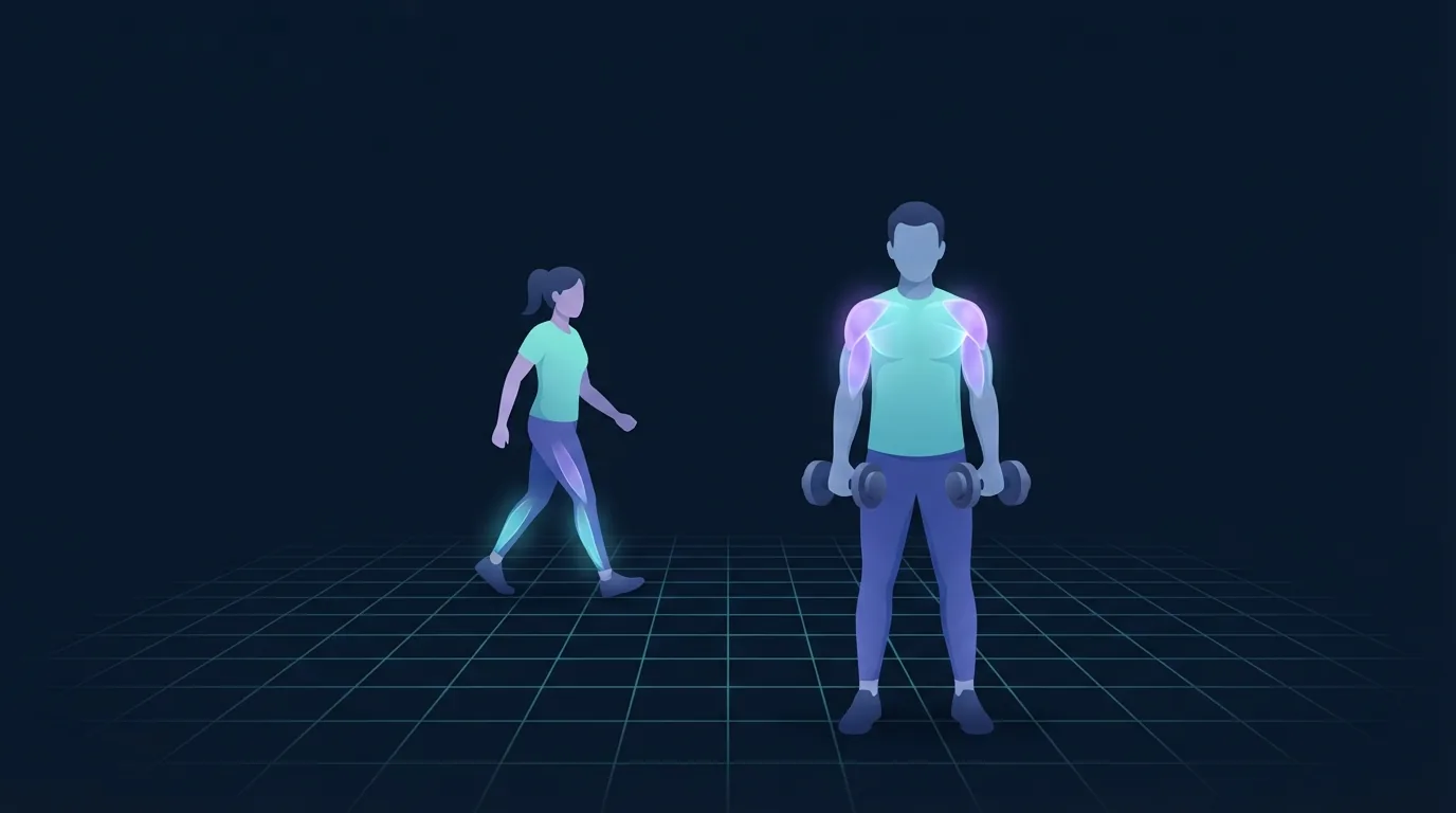 Illustration of one adult holding a pair of dumbbells in the foreground with the shoulders and back glowing and a second adult walking briskly further back with the calves glowing, representing a weekly split that combines resistance training and aerobic work