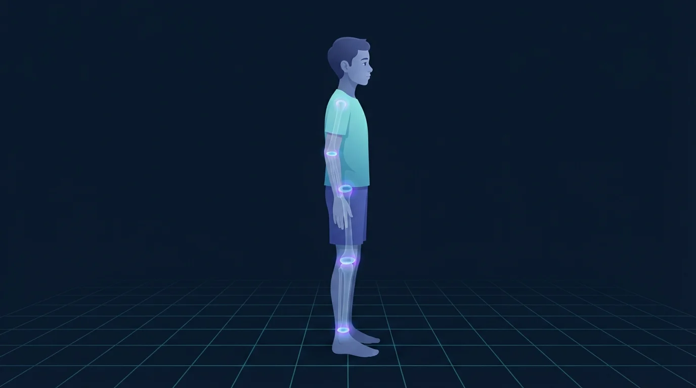 A lean adolescent figure standing in profile with the ends of the thigh, shin and upper arm bones glowing softly, marking the growth plates near each joint