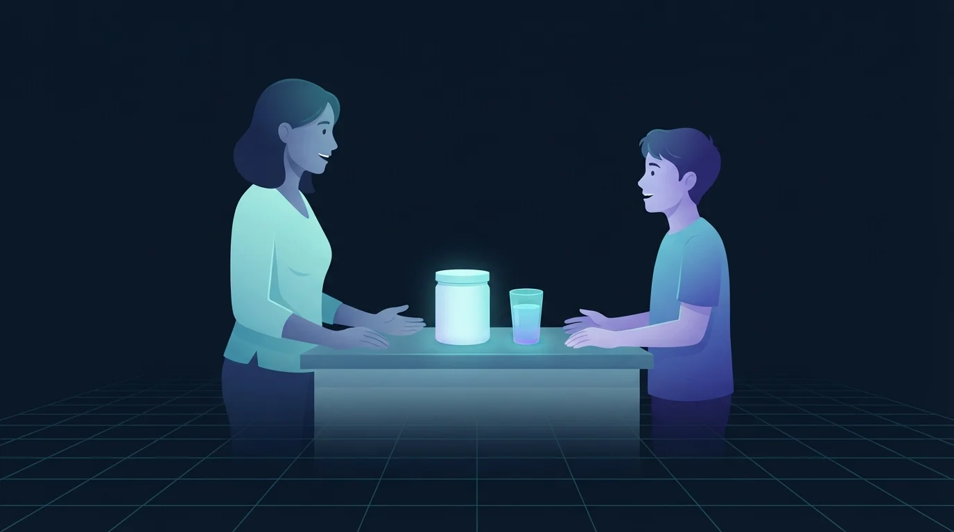An adult and a teenager talking across a kitchen counter with a plain unmarked tub and a glass of water between them, both figures lit in cool light