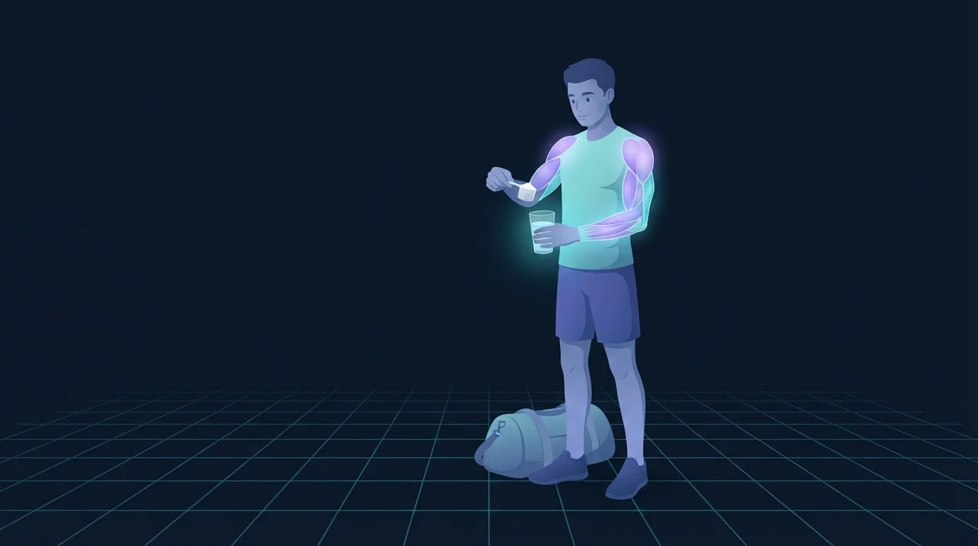 A young athlete in training clothes standing beside a gym bag, tipping a plain unmarked scoop of powder over a glass of water, the shoulder and arm muscles glowing