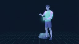 A young athlete in training clothes standing beside a gym bag, tipping a plain unmarked scoop of powder over a glass of water, the shoulder and arm muscles glowing
