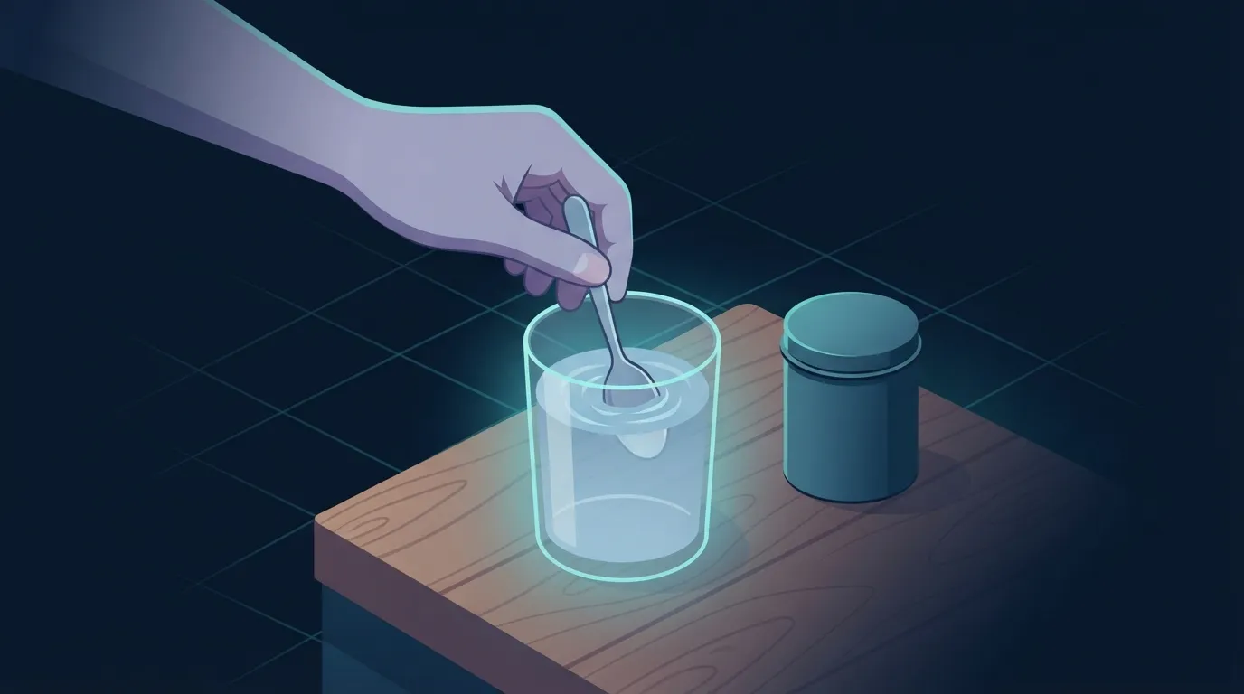 A hand stirring a glass of water at a kitchen countertop next to a small labelless canister