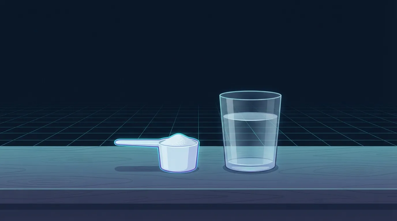 A single white plastic scoop of powdered creatine monohydrate resting on a plain wooden countertop with a glass of water beside it