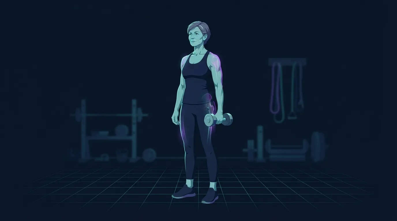 A woman in her fifties standing in a home gym holding a single light dumbbell, with the deltoid, quadriceps and hip bone glowing softly to suggest muscle and bone