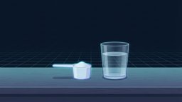 A scoop of creatine monohydrate powder and a glass of water on a wooden countertop