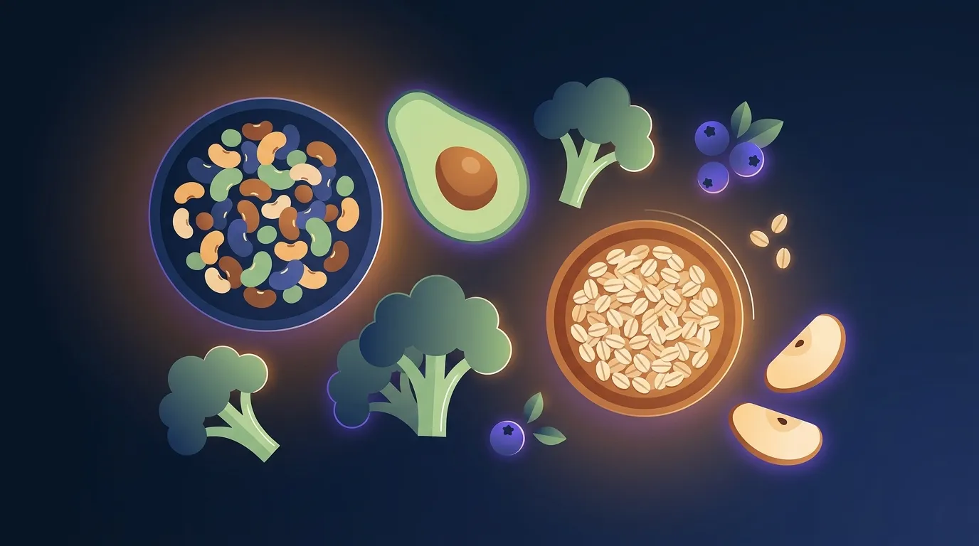 Editorial illustration of high-fiber foods including legumes, oats, vegetables, and fruits arranged on a dark surface representing nutrition for weight loss