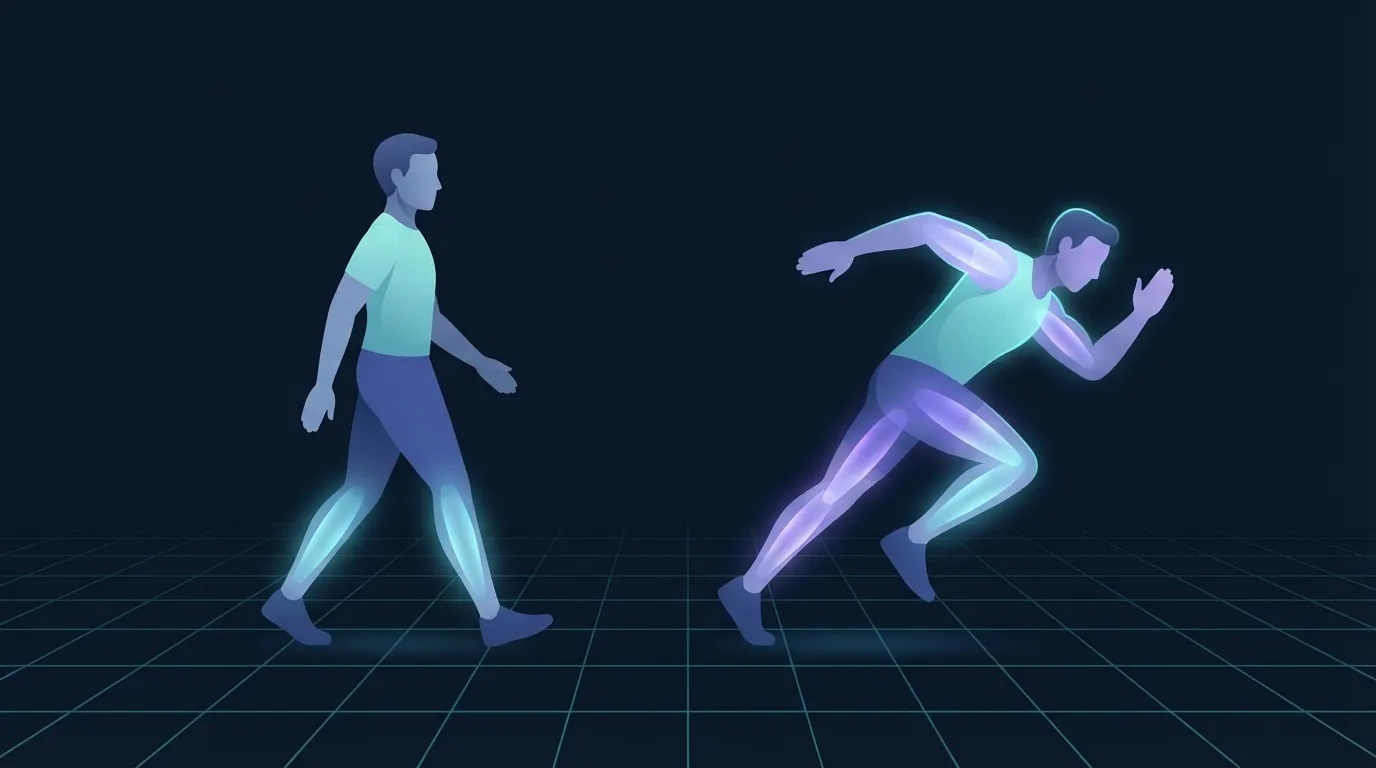 Illustration of two adults on a park path, the left figure walking calmly with the calves glowing softly and the right figure mid-sprint with the entire body glowing brightly, showing the recovery gap between easy movement and hard training
