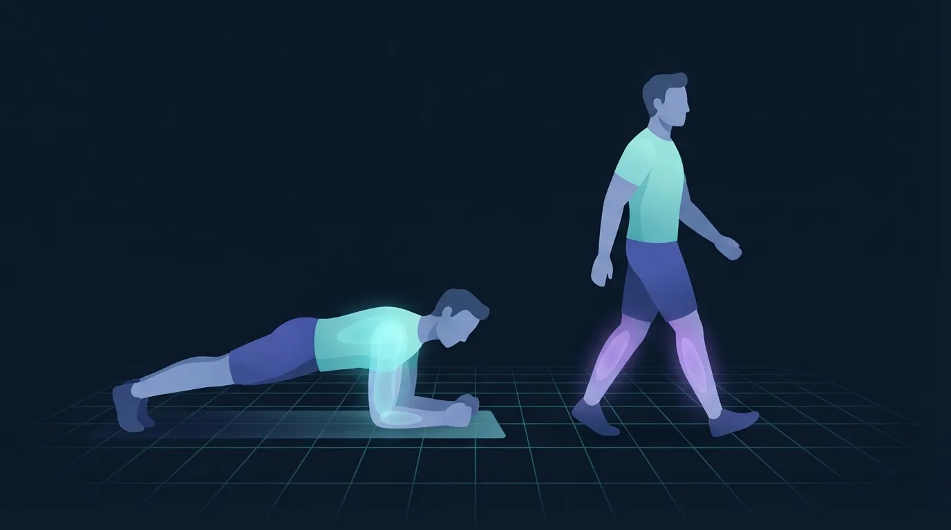 Illustration of a person on a floor mat mid-plank with the core glowing softly, alongside a person walking on a grid floor with the calves glowing, showing that a sustainable seven-day week rotates hard and easy work